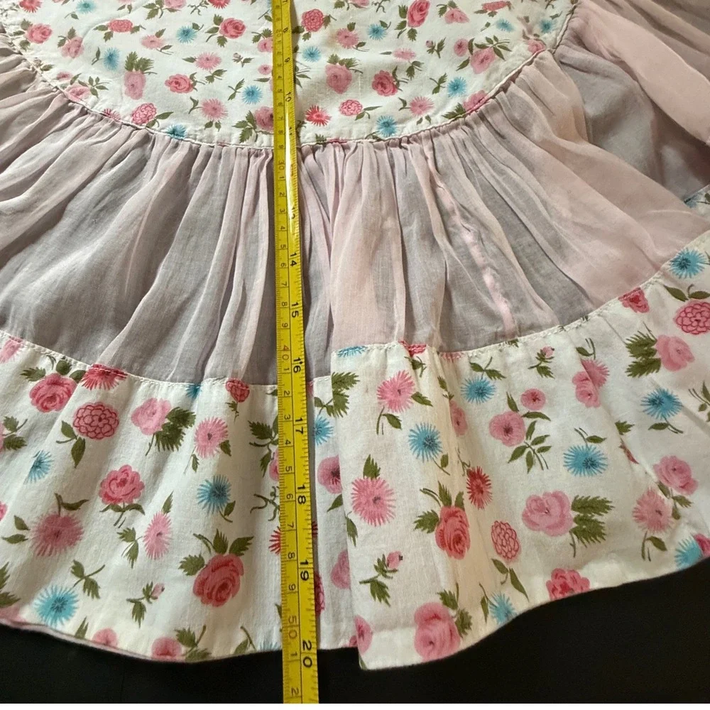 Vintage Floral Ruffle Apron Pink Sheer Full Bib Cottagecore 1950s 1960s